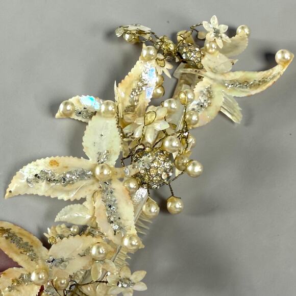 Mid Century Crown Tiara Shell Pearl Floral Headpiece Vintage Wedding MCM Prom main image 14